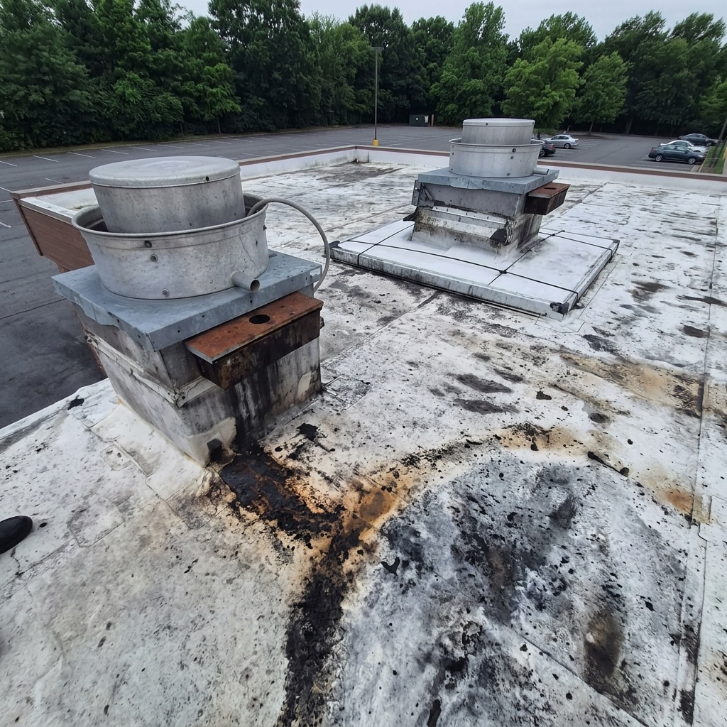 Restaurant roof with grease buildup around an exhaust fan, before rooftop grease removal
