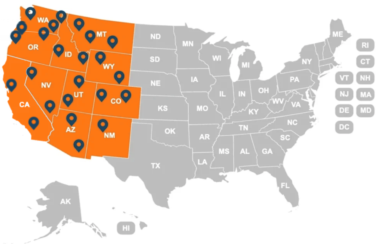 Map of HoodWashers commercial kitchen grease services across 11 western states