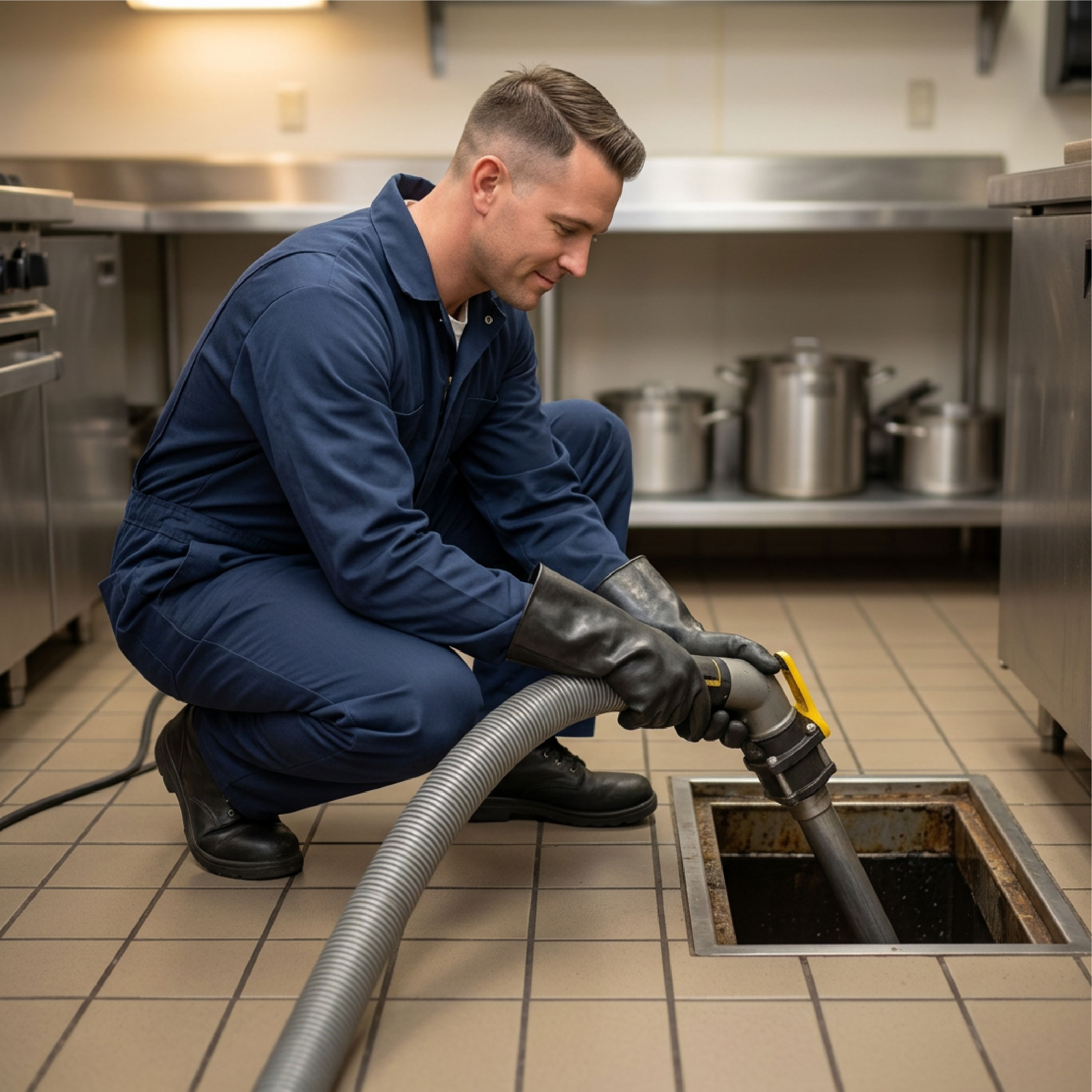 HoodWashers technician performing indoor grease trap cleaning