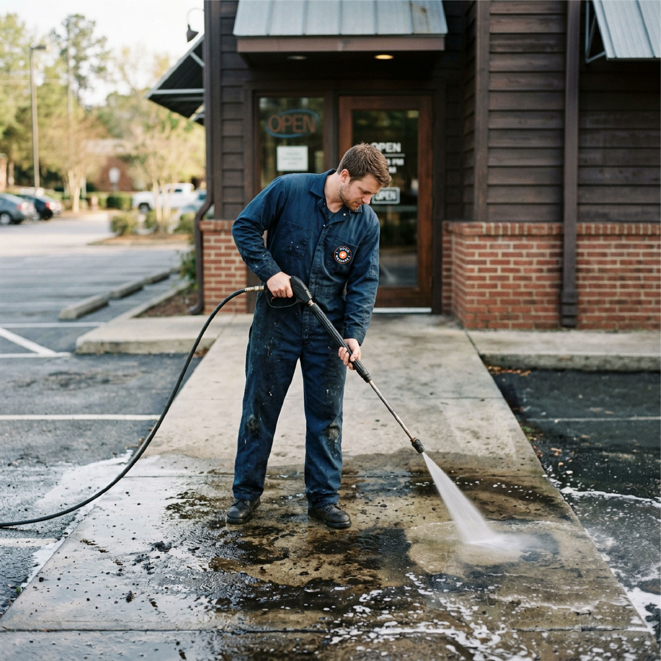 HoodWashers technician power-washing a grease-stained sidewalk