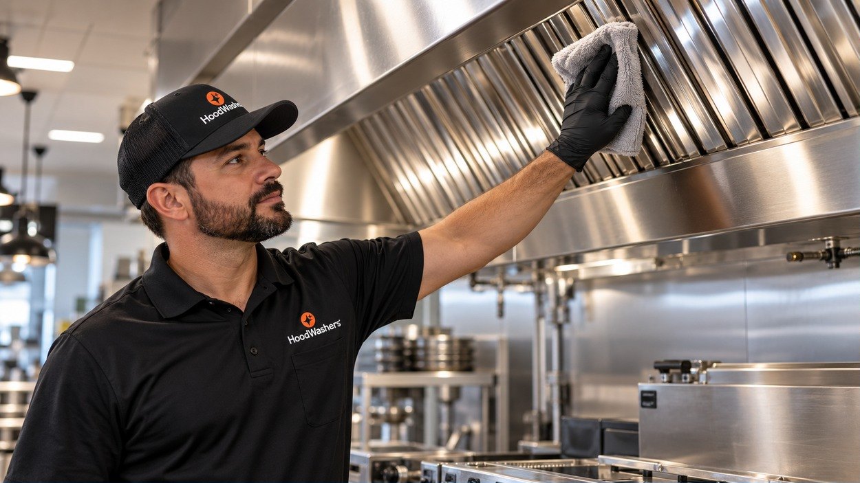 HoodWashers technician wiping down a clean stainless-steel kitchen hood