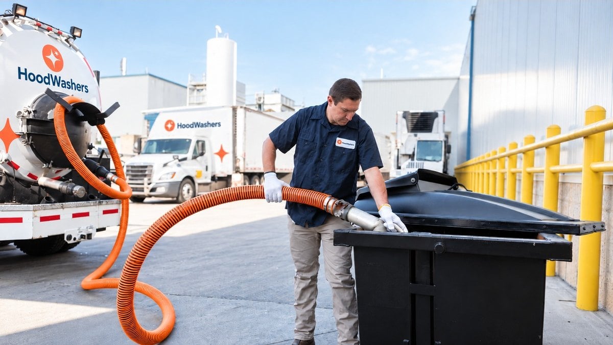 HoodWashers technician collecting used cooking oil from a restaurant collection container