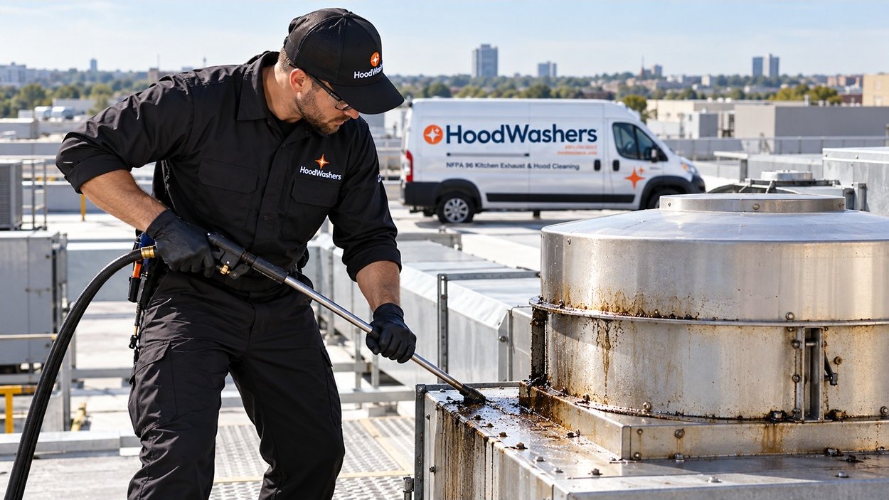 HoodWashers technician cleaning grease from rooftop exhaust equipment