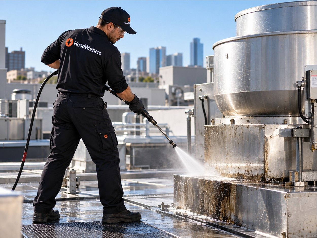 HoodWashers technician pressure-washing grease from a rooftop exhaust fan
