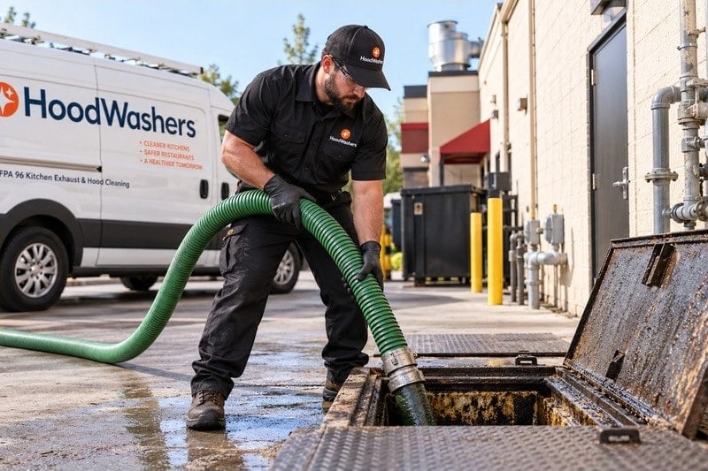 HoodWashers technician pumping an outdoor grease interceptor