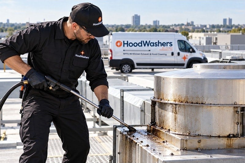 HoodWashers technician cleaning grease from rooftop exhaust equipment