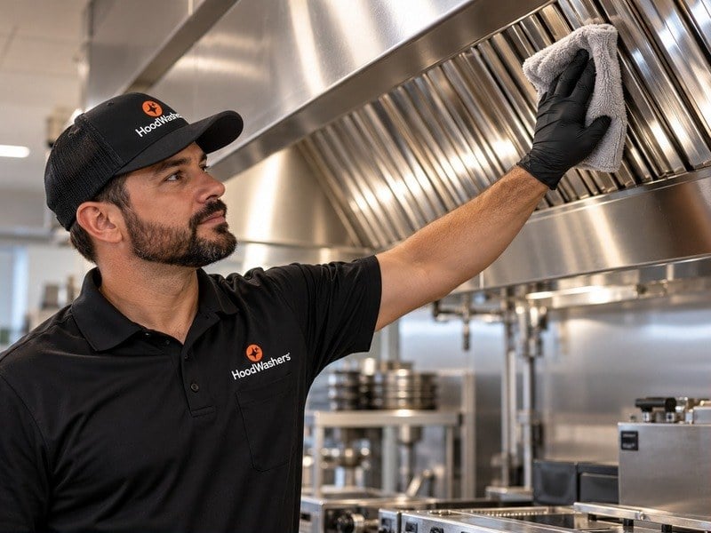 HoodWashers technician wiping down a clean commercial kitchen hood