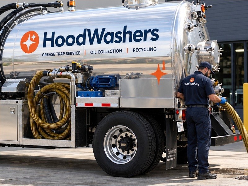 HoodWashers technician connecting a hose to a used cooking oil collection truck