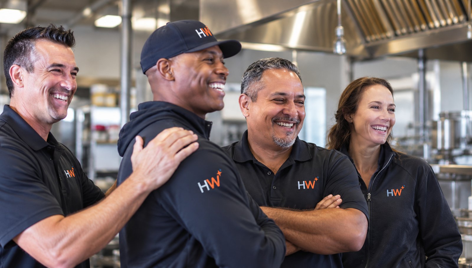 Four smiling HoodWashers team members in a commercial kitchen