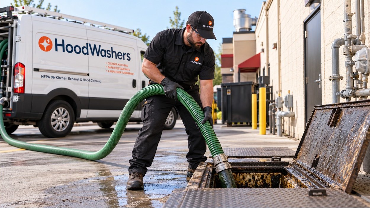 HoodWashers technician pumping an outdoor grease interceptor